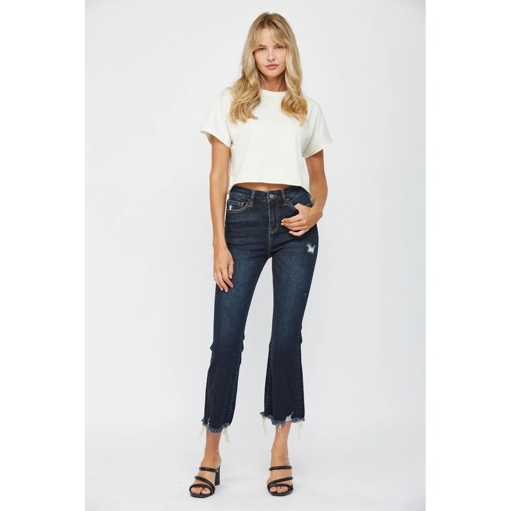 Mica High Rise Crop Flare Jeans Stretch Dark Wash Raw Fray Hem Preppy Ankle 26